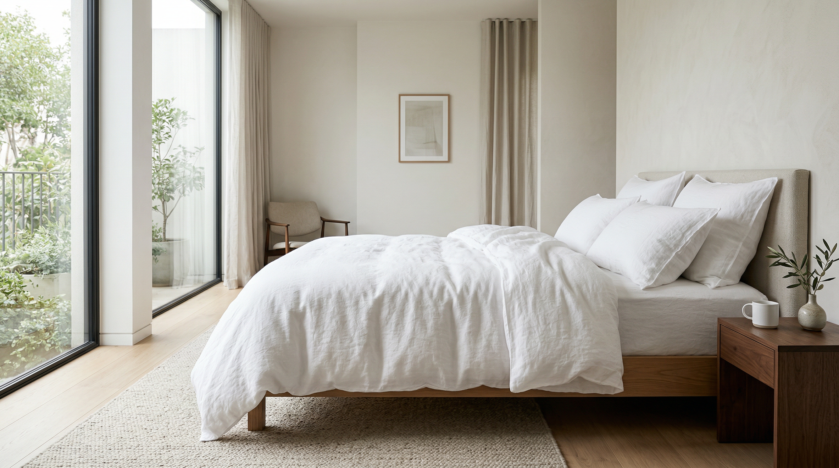 White linen bedding in a calm, light-filled bedroom with natural textures